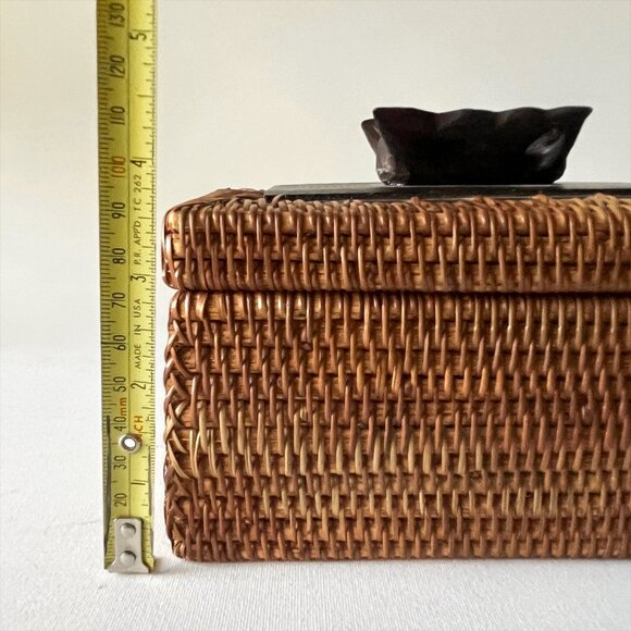 Vintage Indonesian Lombok Handcrafted Woven Basket Box Carved Wood Butterfly Lid - Picture 6 of 8